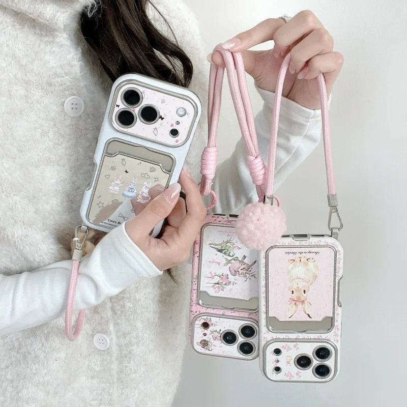 Fashion Flower Bowknot Print Rabbit Card Slot Phone Case For iPhone 17 PRO 16 15 14 Pro Max Cover with Hand Rope Strap Cute Fund