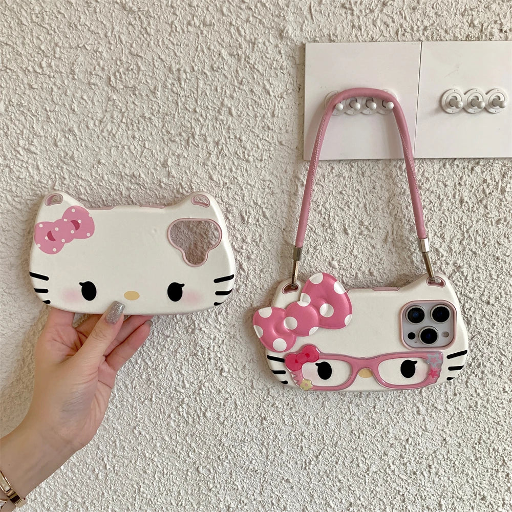 3D Hello Kitty Glasses Cute Pink Bow Lovely Phone Case For iPhone 16 15 14 13 12 11 Pro Max 16 PLUS Hand Strap Cord Back Cover