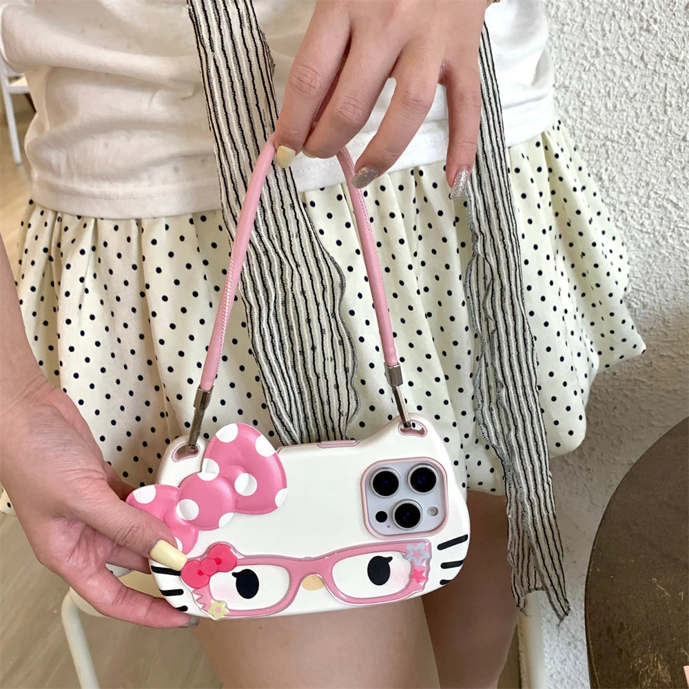 3D Hello Kitty Glasses Cute Pink Bow Lovely Phone Case For iPhone 16 15 14 13 12 11 Pro Max 16 PLUS Hand Strap Cord Back Cover