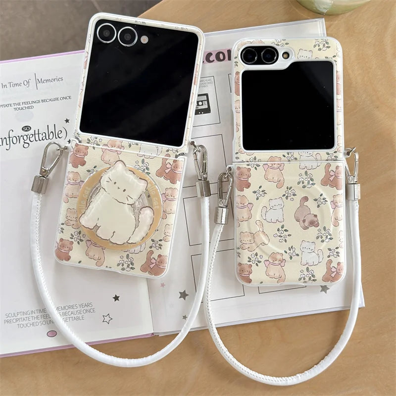 Korean Cute Cat Flower Magnetic Phone Case For Samsung Galaxy Z Flip 7 6 5 4 3 Flip6 Flip7 Cover with Magsafe Stand Hinge Cases