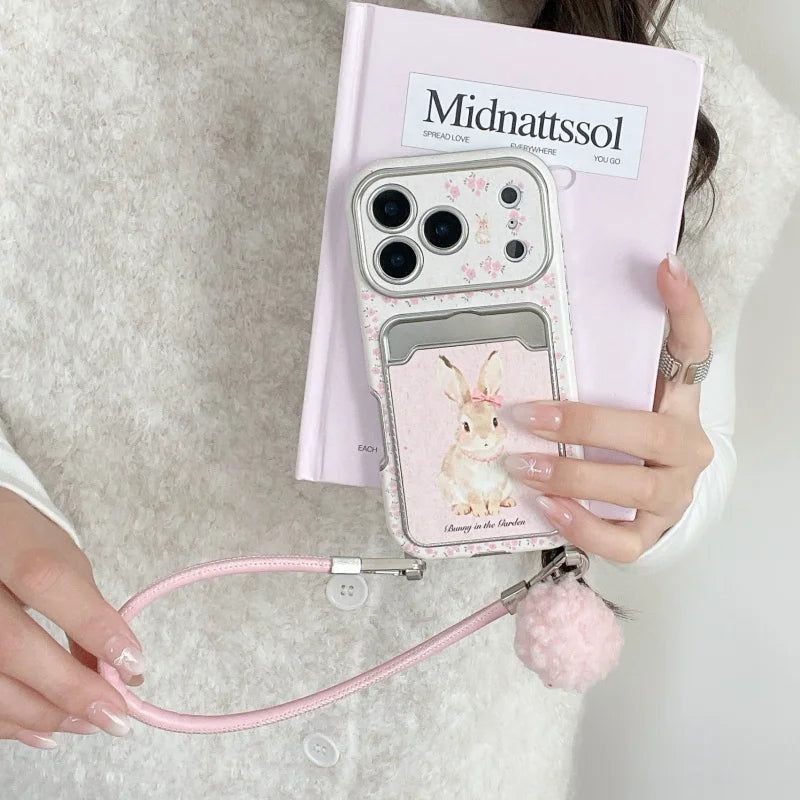 Fashion Flower Bowknot Print Rabbit Card Slot Phone Case For iPhone 17 PRO 16 15 14 Pro Max Cover with Hand Rope Strap Cute Fund