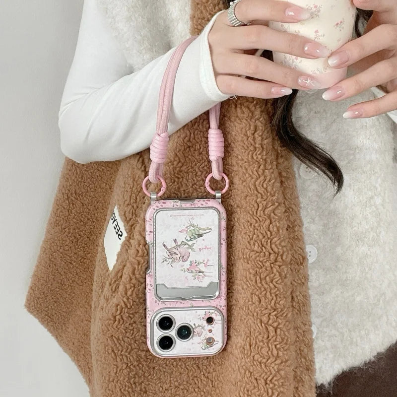 Fashion Flower Bowknot Print Rabbit Card Slot Phone Case For iPhone 17 PRO 16 15 14 Pro Max Cover with Hand Rope Strap Cute Fund